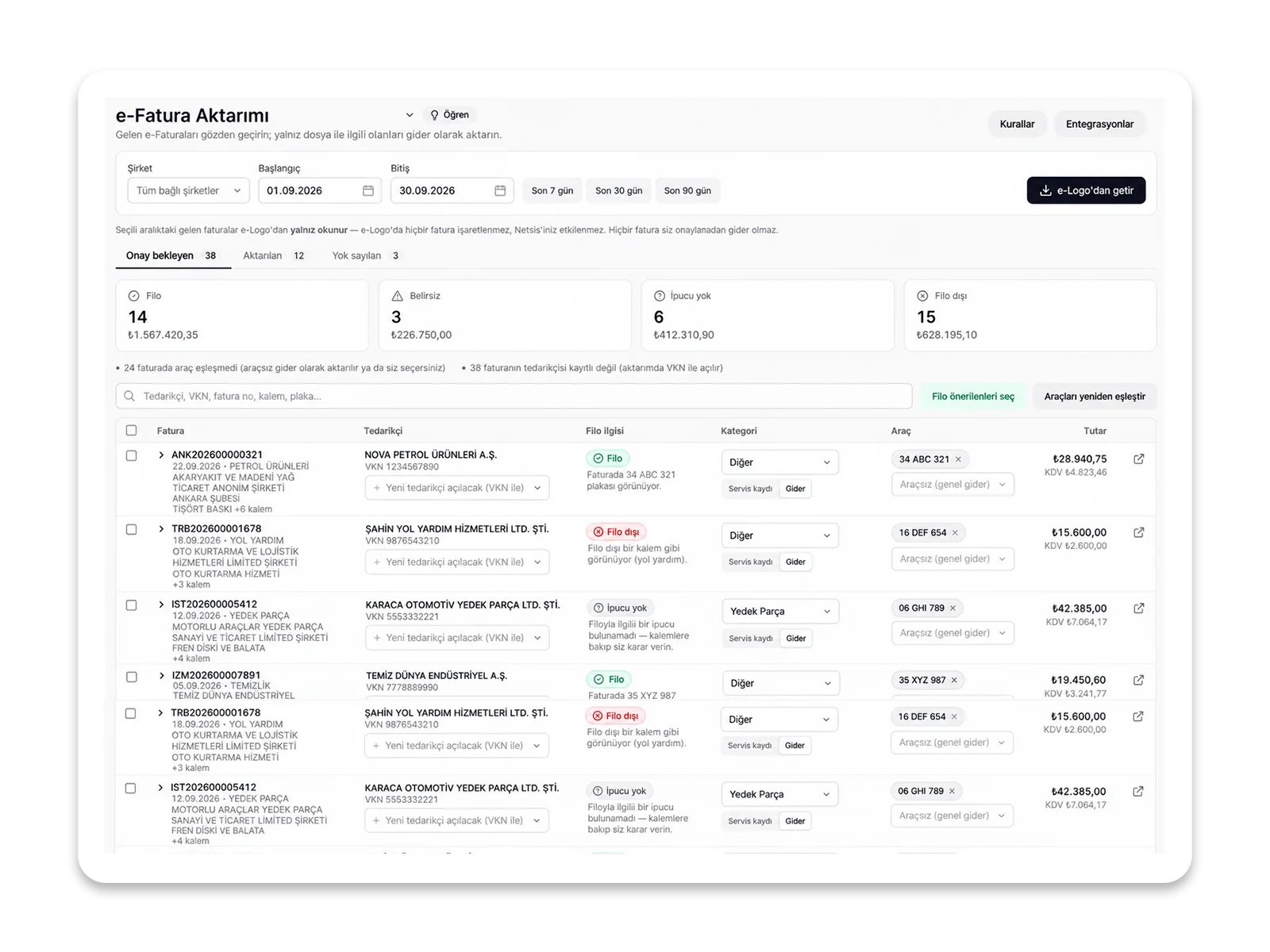 e-Invoice Import screen: invoice row, suggested expense type, vehicle, and approve button